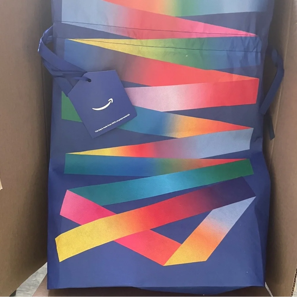 EUC 1 Amazon Multicolor Reusable Drawstring W/Shoulder Strap Satchel Gift Bag